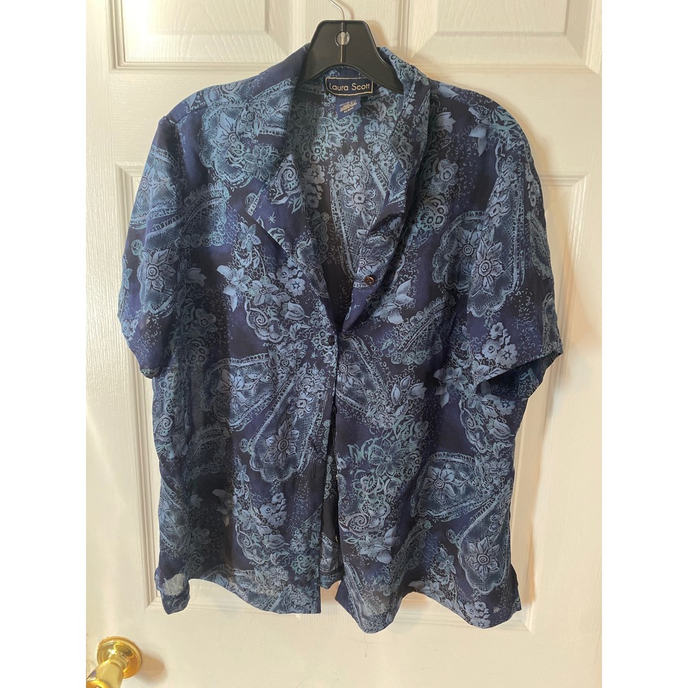 Laura Scott Womens NavyBlue Teal Paisley Floral Short Sleeve Button Down Shirt L